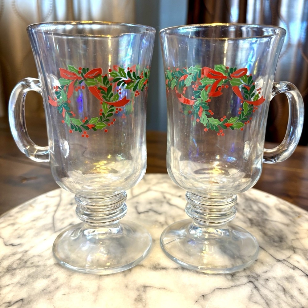 2pc VTG‎ 1980s Libbey Christmas Wreath Pedestal Irish Coffee Cups Mugs Holiday
